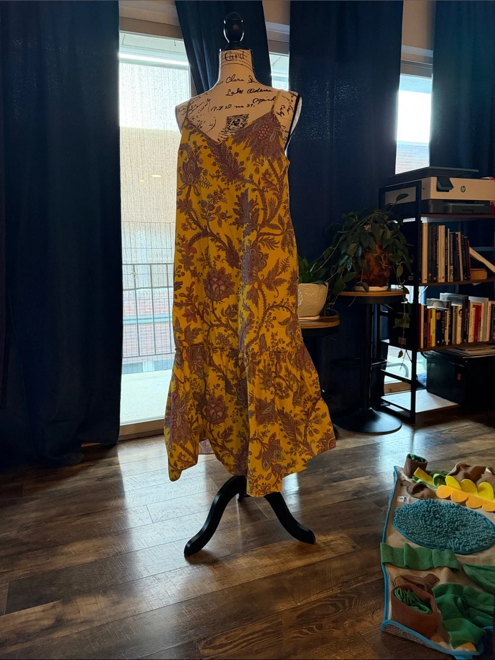 J. Crew Collection Midi Dress in Mustard Yellow with Pink & Purple Paisley